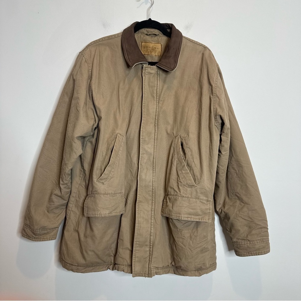 Vintage Sonoma Men’s Barn Jacket Chore Coat Size Large Lined Thick Leather Trim